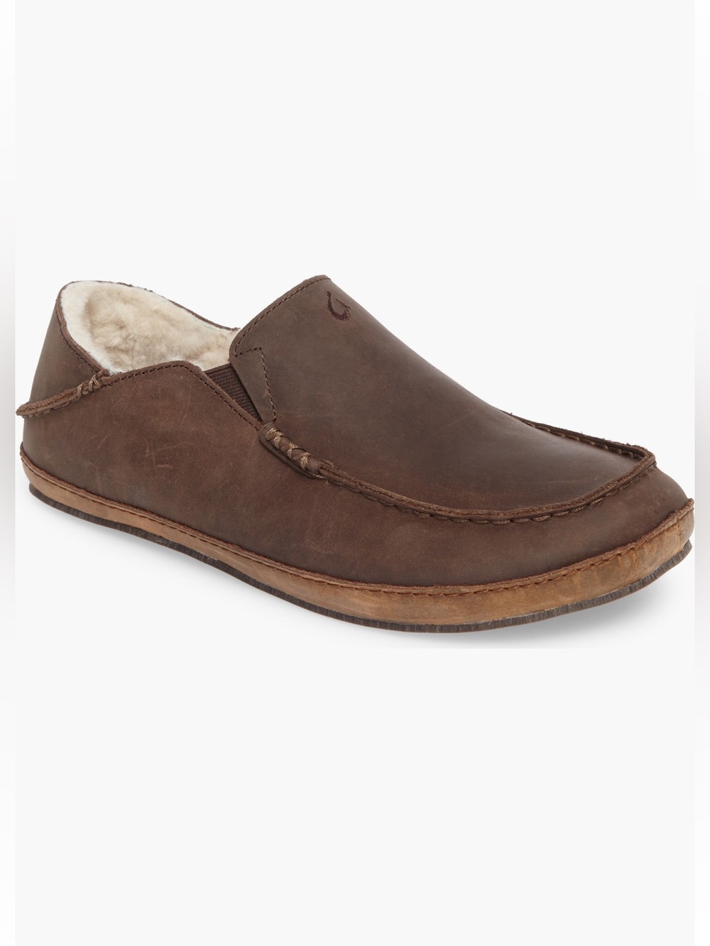 OluKai Men’s Moloa Slipper Dark Brown Leather Shearling-Lined Slip-On 12 NWT